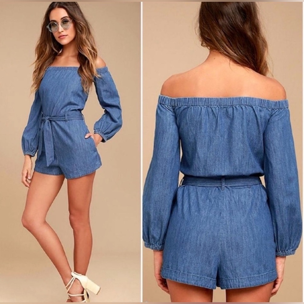 Free People Blue “Tangled in Willlows” Off-Shoulder Denim Romper Tie Waist Sz Sm